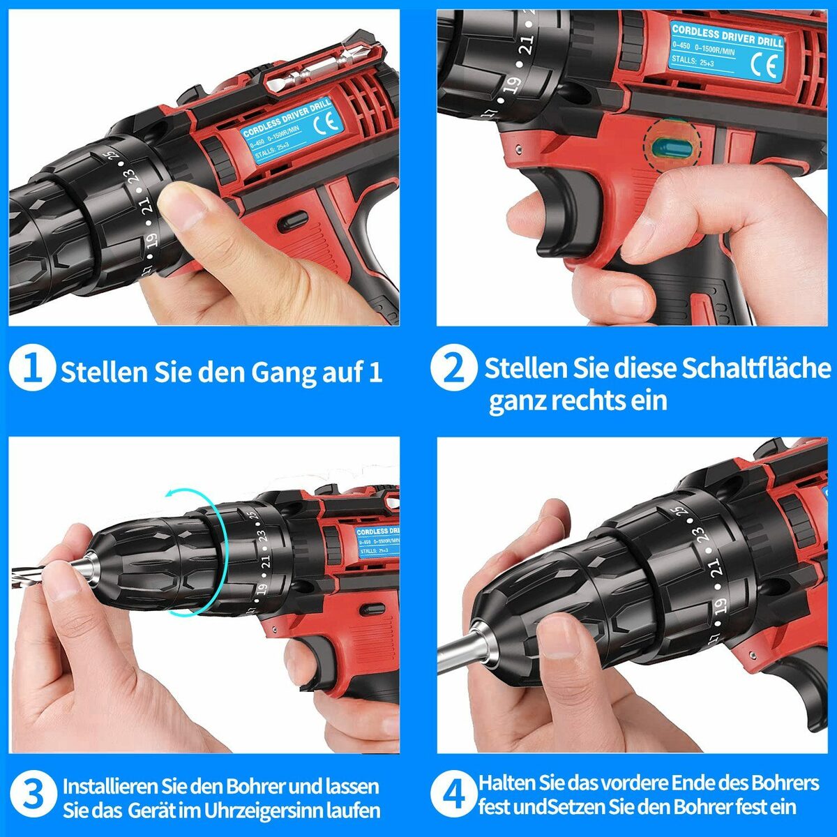 Bild 4 von EUARY Akku-Schraubendreher Akkuschrauber Set 21V Bohrmaschinen Schlagbohrschrauber Bohrschrauber, 1200,00 U/min, (Drehmoment, 2-Gang, 45 Drehmoment), Universal Drill zwei 21 V Batterien, 1200U/m
