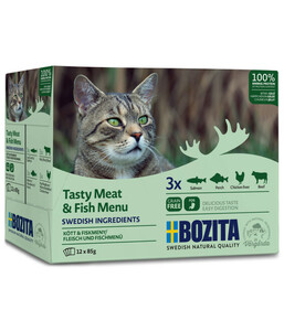 BOZITA Nassfutter für Katzen Multibox Fleisch & Fisch Häppchen in Gelee, 12 x 85 g
