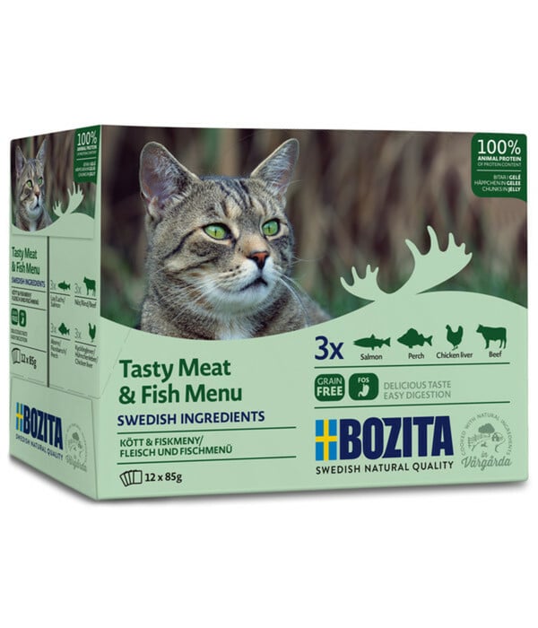 Bild 1 von BOZITA Nassfutter für Katzen Multibox Fleisch & Fisch Häppchen in Gelee, 12 x 85 g