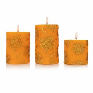 ELAMBIA 3 LED-Kerzen goldene Blätter Flamme Luma Höhe 10, 12,5 & 15cm
