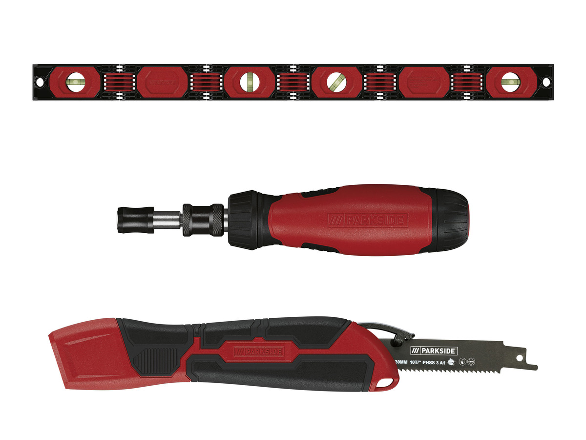 Bild 1 von PARKSIDE® Flexible Wasserwaage / Handsäge mit Säbelsägeblatt / Ratschen-Schraubendreher mit Bitmagazin
