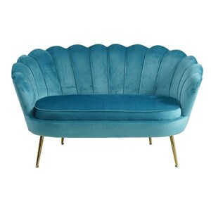 CASAVANTI Sofa 2-Sitzer blau - Inklusive hohem Sitzkissen - Samtbezug - Chromgestell - vergoldet - Muschelsofa - Loungesofa