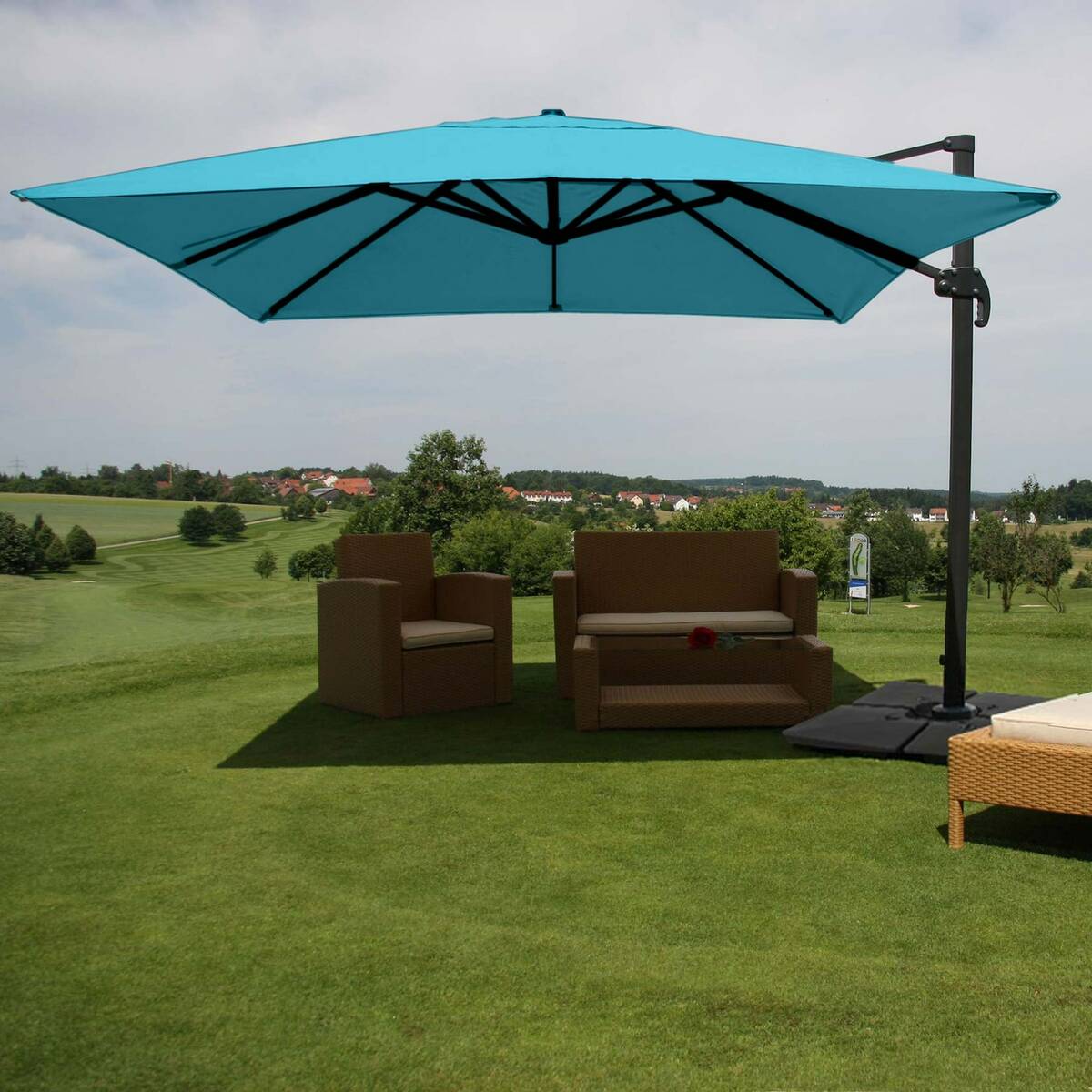 Bild 1 von Gastronomie-Ampelschirm MCW-A96, Sonnenschirm, 3x3m (Ø4,24m) Polyester/Alu 23kg ~ türkis mit Ständer, drehbar