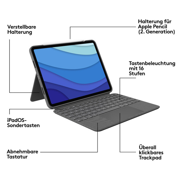 Bild 2 von LOGITECH Combo Touch für iPad Pro 11 Zoll (1., 2., 3. und 4. Generation) Tastatur-Case Oxford Grey