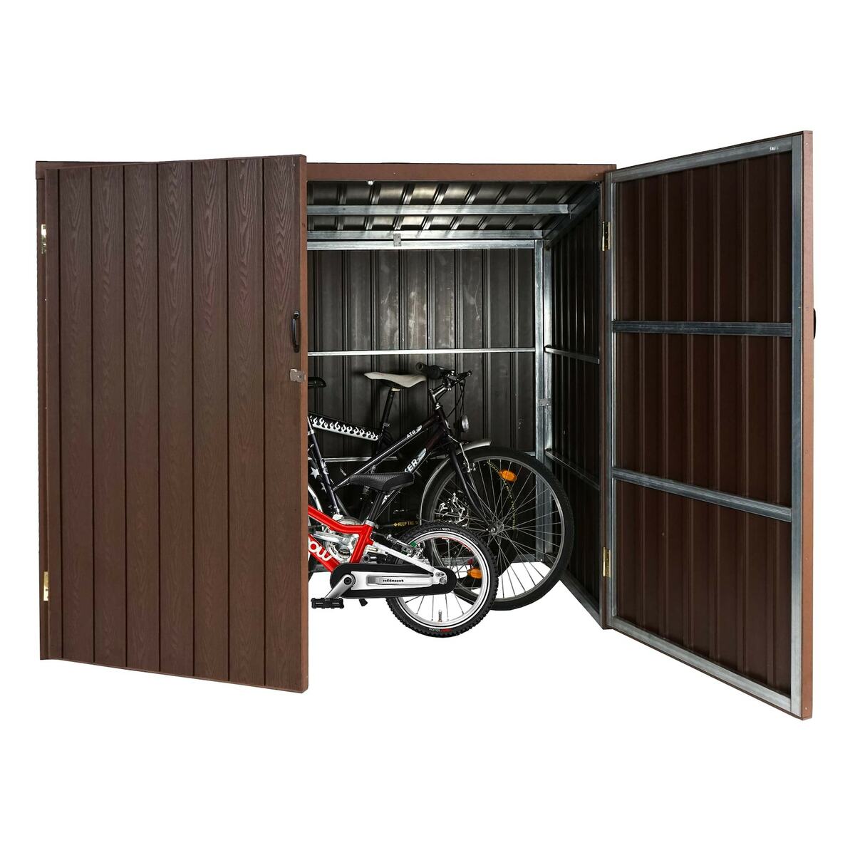 Bild 1 von WPC-Fahrradgarage MCW-J29, Geräteschuppen Fahrradbox, Metall Holzoptik abschließbar ~ 4 Räder 172x213x160cm braun