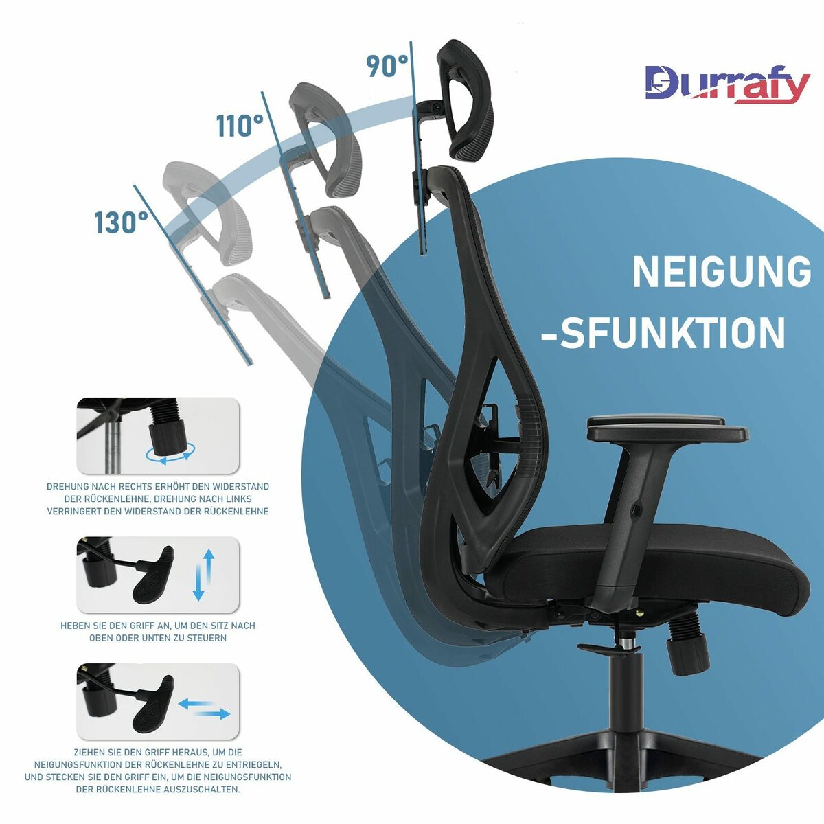 Bild 2 von Durrafy Chefsessel Bürostuhl, Chefsessel, Schreibtischstuhl, Drehstuhl, Bürostuhl Ergonomisch, mit verstellbare höhe, kopfstütze, Armlehne, Belastbarkeit 150kg, Atmungsaktiver Netzstuhl