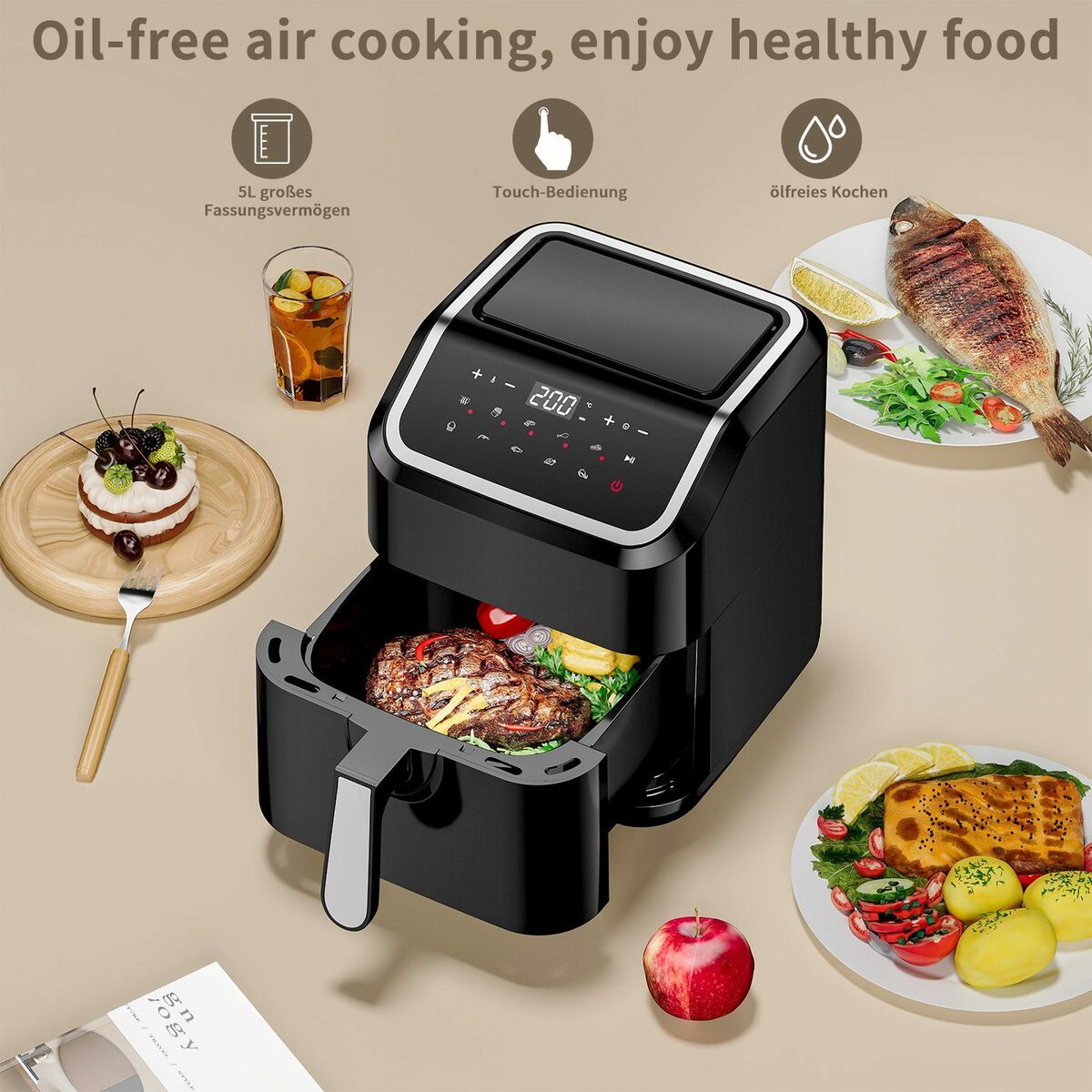 Bild 2 von EUARY Heißluftfritteuse 5.5L XXL Ohne Öl Air Fryer 1600W Heizluft Fritteuse LED-Touchscreen, Airfryer Einstellbare Zeit/Temperaturregelung für Luftbraten, Braten