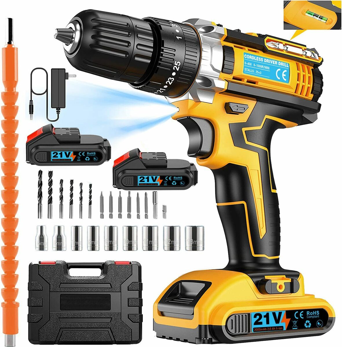 Bild 1 von EUARY Akku-Schraubendreher Akkuschrauber Set Bohrmaschinen Akku Schlagbohrschrauber Bohrschrauber, 1200,00 U/min, (mit Arbeitslicht Schnellladegerät und Wasserwaage), Universal Drill 21 V Batte