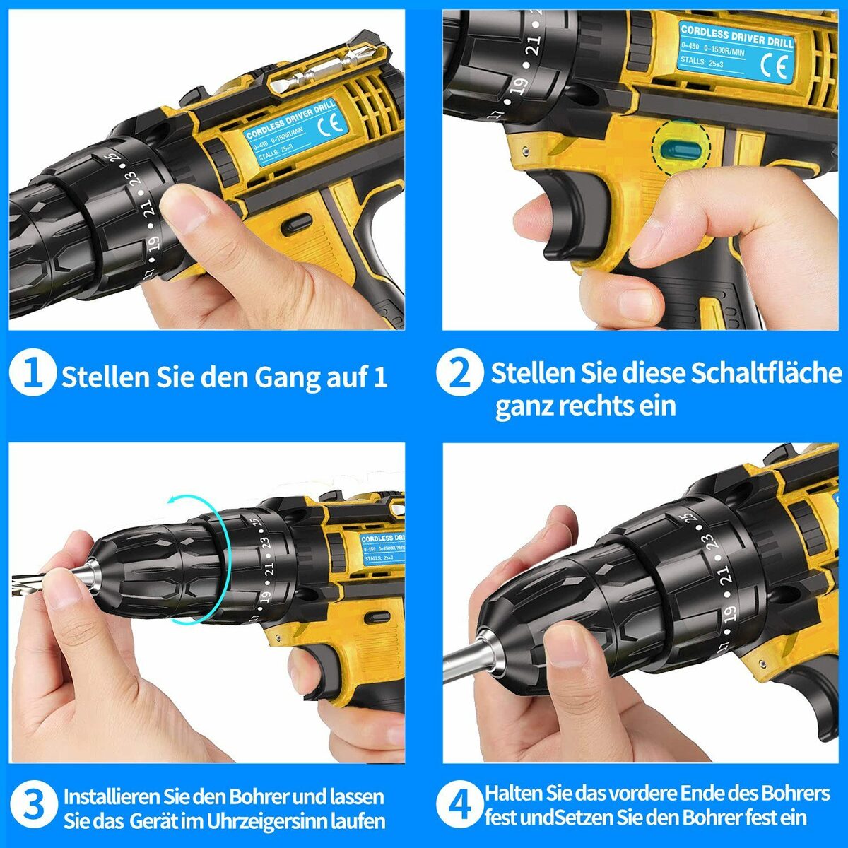 Bild 4 von EUARY Akku-Schraubendreher Akkuschrauber Set Bohrmaschinen Akku Schlagbohrschrauber Bohrschrauber, 1200,00 U/min, (mit Arbeitslicht Schnellladegerät und Wasserwaage), Universal Drill 21 V Batte