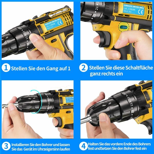 Bild 4 von EUARY Akku-Schraubendreher Akkuschrauber Set Bohrmaschinen Akku Schlagbohrschrauber Bohrschrauber, 1200,00 U/min, (mit Arbeitslicht Schnellladegerät und Wasserwaage), Universal Drill 21 V Batte