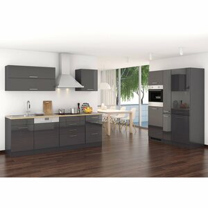 Held Möbel Küchenzeile/Küchenblock Mailand 390 cm Grau Hochglanz-Grau Matt mit E-Geräten