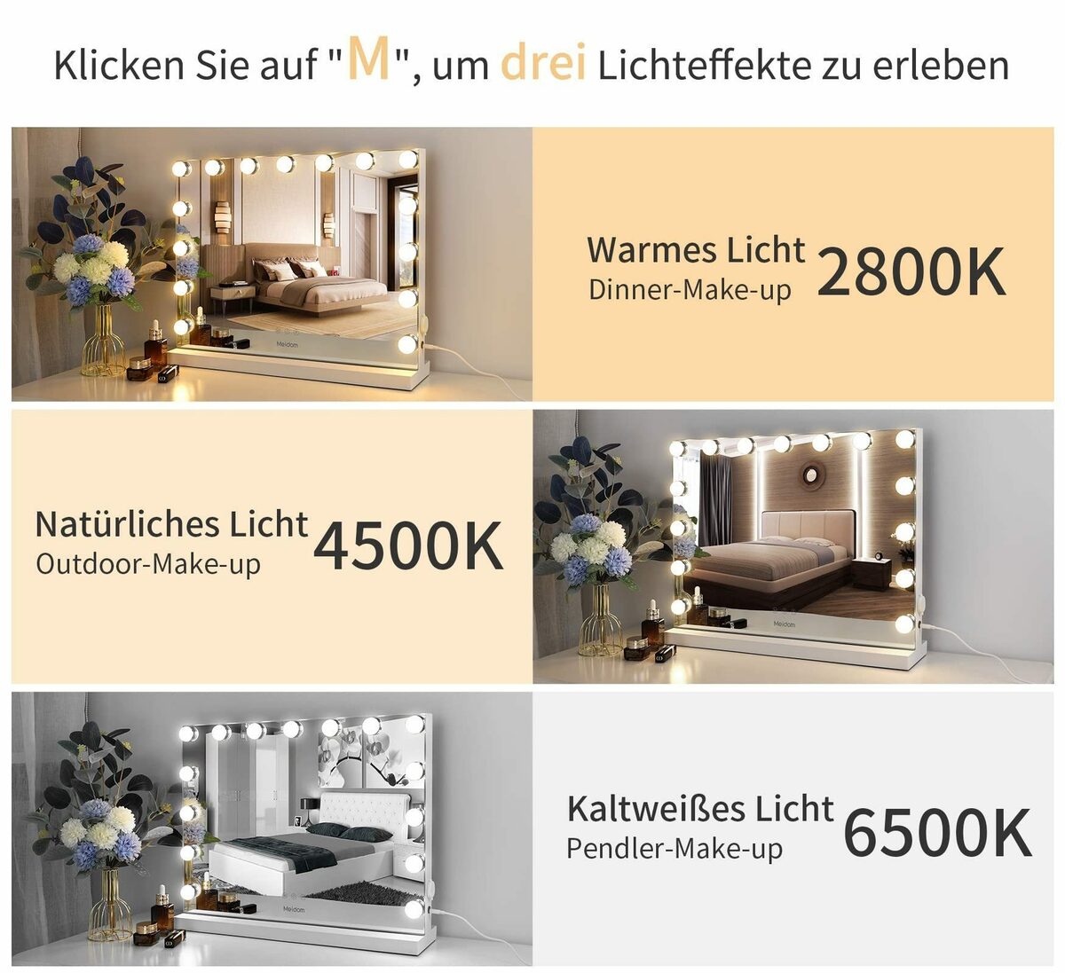 Bild 2 von Fine Life Pro Kosmetikspiegel Hollywood Kosmetikspiegel 15LED (Set), LED,Touch-Steuerung Schminkspiegel Hollywood-Stil