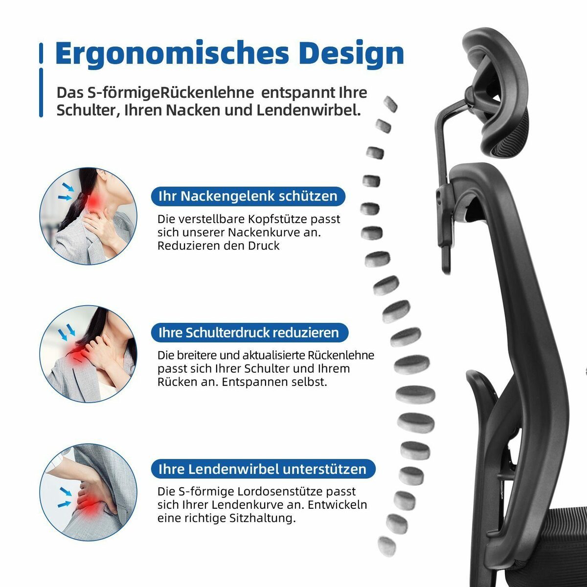Bild 3 von Aiidoits Chefsessel Bürostuhl, Ergonomischer Schreibtischstuhl, (Drehstuhl mit Verstellbarer Kopfstütze, Armlehne und Lordosenstütze, Höhenverstellung und Wippfunktion bis 135°Mesh Chefsess