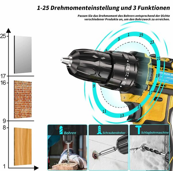 Bild 3 von EUARY Akku-Schraubendreher Akkuschrauber Set Bohrmaschinen Akku Schlagbohrschrauber Bohrschrauber, 1200,00 U/min, (mit Arbeitslicht Schnellladegerät und Wasserwaage), Universal Drill 21 V Batte