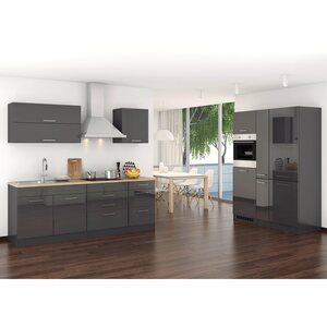 Held Möbel Küchenzeile/Küchenblock Mailand 380 cm Grau Hochglanz-Grau Matt mit E-Geräten
