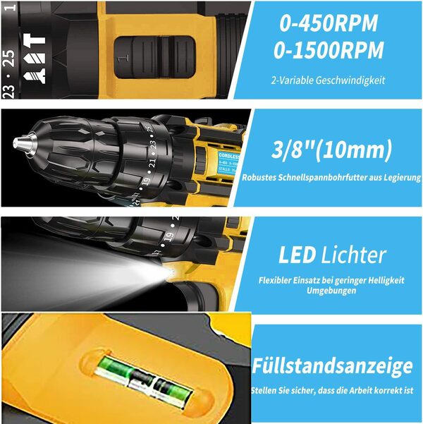 Bild 2 von EUARY Akku-Schraubendreher Akkuschrauber Set Bohrmaschinen Akku Schlagbohrschrauber Bohrschrauber, 1200,00 U/min, (mit Arbeitslicht Schnellladegerät und Wasserwaage), Universal Drill 21 V Batte