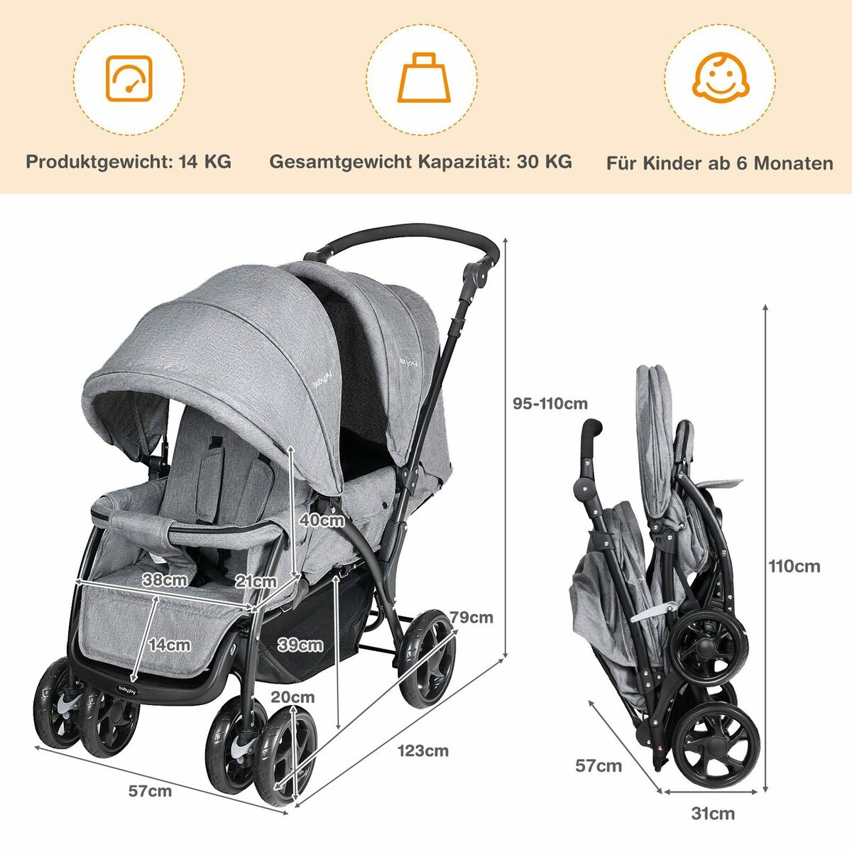 Bild 3 von COSTWAY Geschwisterwagen Zwillingsbuggy, mit 5-Punkt Gurt & Einkaufskorb