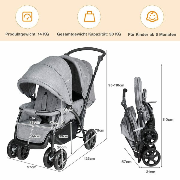 Bild 3 von COSTWAY Geschwisterwagen Zwillingsbuggy, mit 5-Punkt Gurt & Einkaufskorb