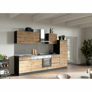 Held Möbel Küchenzeile/Küchenblock Turin 300 cm Wotaneiche-Graphit ohne E-Geräte