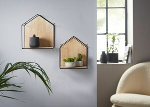 HomeLiving Wandregal "Haus", 2er Set, Wanddeko, Metall schwarz, Holz, Deko modern