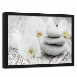 Feeby Bild im schwarzen Rahmen, Zen Blumen und Steine HORIZONTAL, hochwertiges Bild