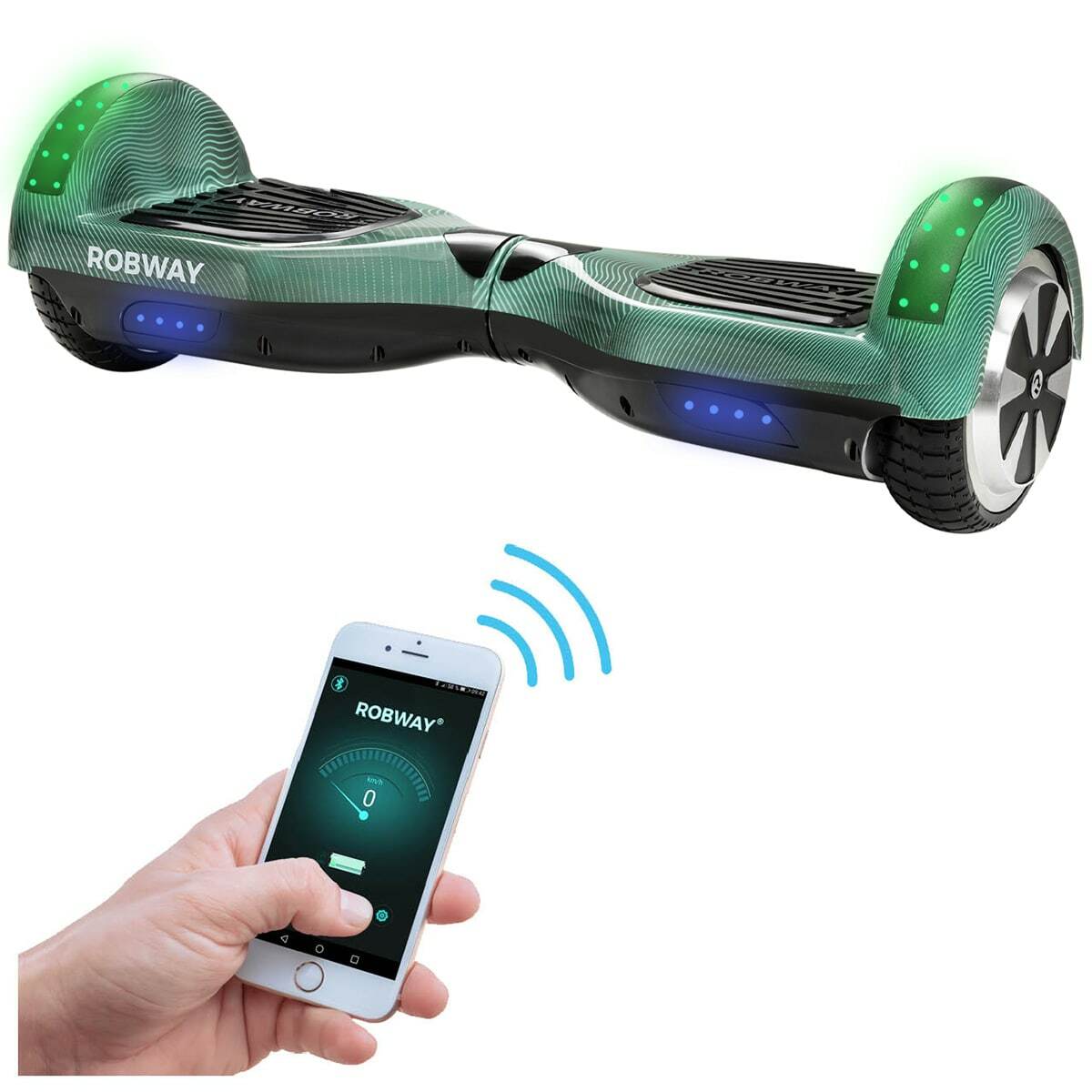 Bild 1 von ROBWAY W1 Hoverboard für Erwachsene und Kinder, 6,5 Zoll, Self-Balance, Bluetooth, App, 700 Watt, LEDs (Emerald Green)