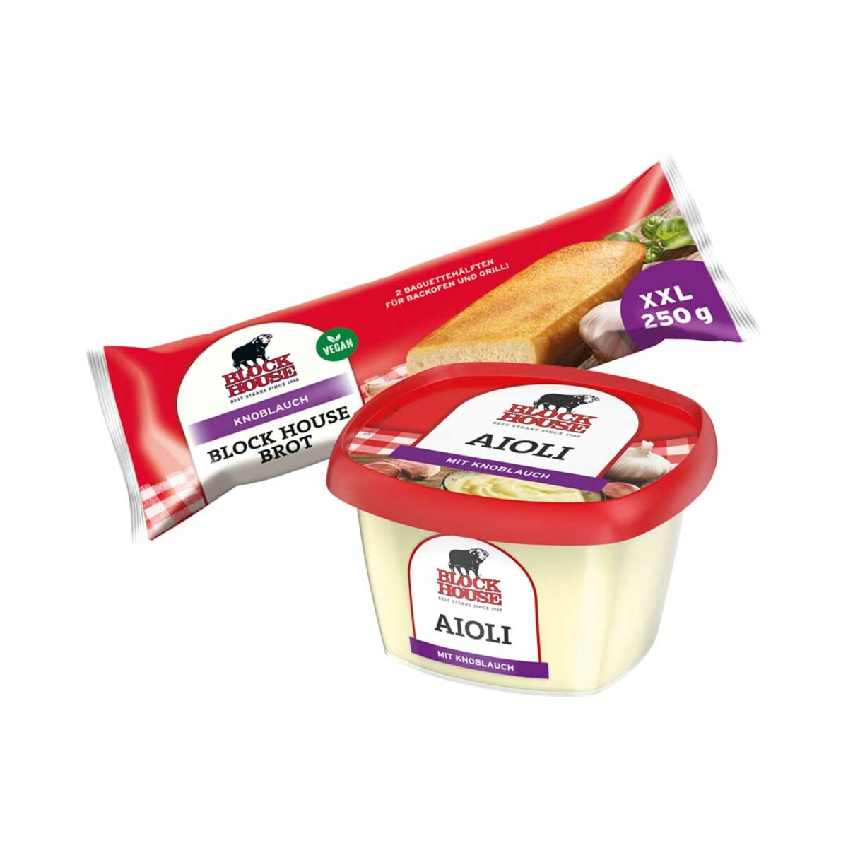 BLOCK HOUSE AIOLI je 200gBecher oder KNOBLAUCHBROT je 250gPckg. von