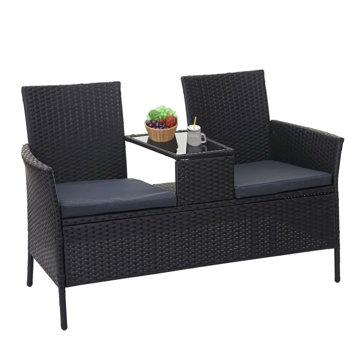 Bild 1 von Poly-Rattan Sitzbank mit Tisch MCW-E24, Gartenbank Sitzgruppe Gartensofa, 132cm ~ schwarz, Kissen dunkelgrau