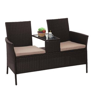 Poly-Rattan Sitzbank mit Tisch MCW-E24, Gartenbank Sitzgruppe Gartensofa, 132cm ~ braun, Kissen creme