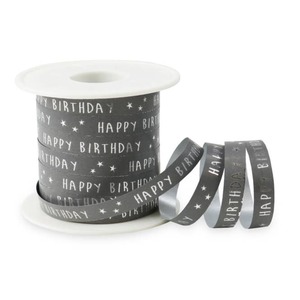 Geschenkband - Happy Birthday - grau - ca. 100 m x 10 mm