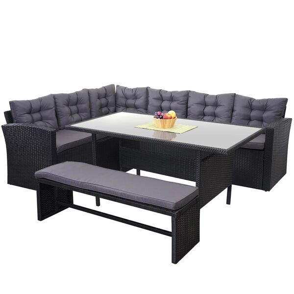 Bild 1 von Poly-Rattan-Garnitur MCW-A29, Gartengarnitur Sitzgruppe Lounge-Esstisch-Set, schwarz ~ Kissen dunkelgrau, mit Bank