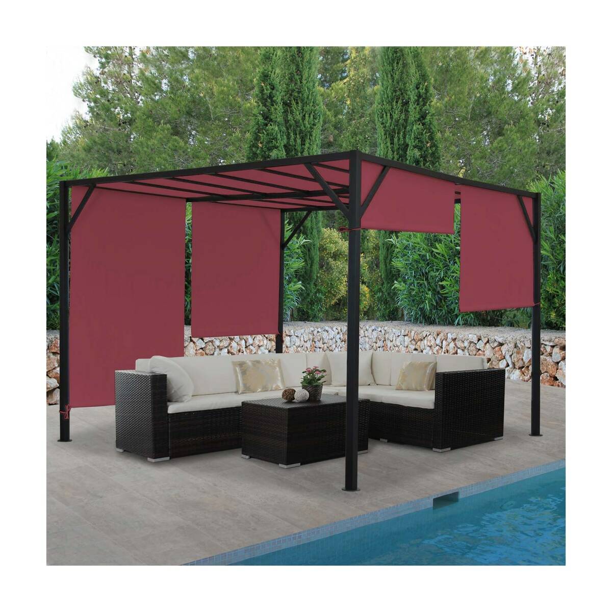 Bild 1 von Pergola Beja, Garten Pavillon Terrassenüberdachung, stabiles 6cm-Stahl-Gestell + Schiebedach bordeaux-rot ~ 3x4m