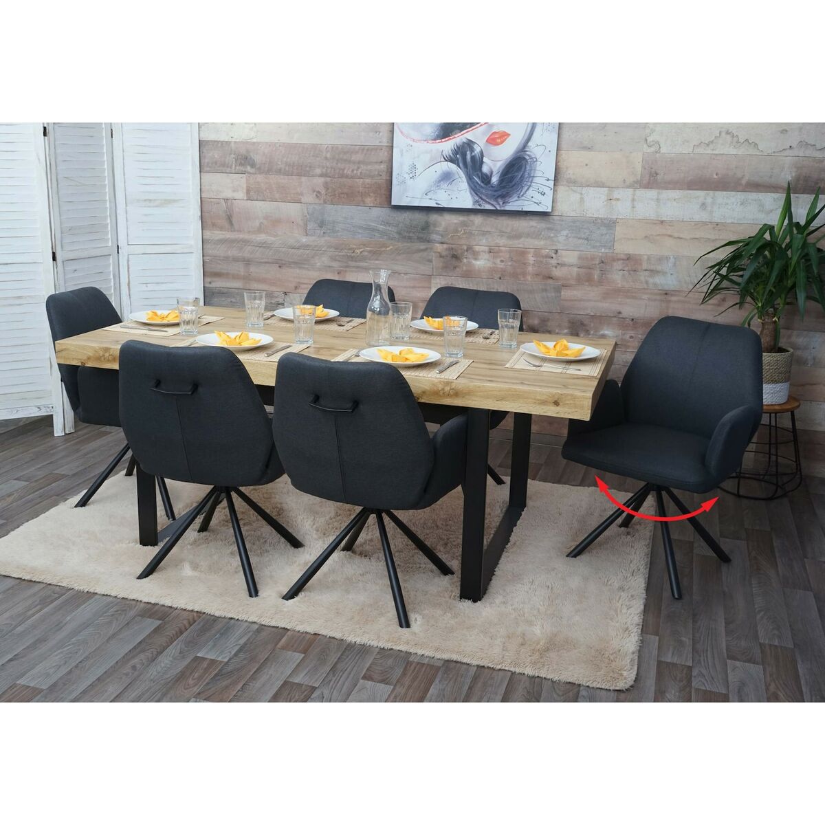 Bild 1 von 6er-Set Esszimmerstuhl MCW-H71, Küchenstuhl Lehnstuhl Stuhl, drehbar Auto-Position Stoff/Textil Stahl ~ dunkelgrau