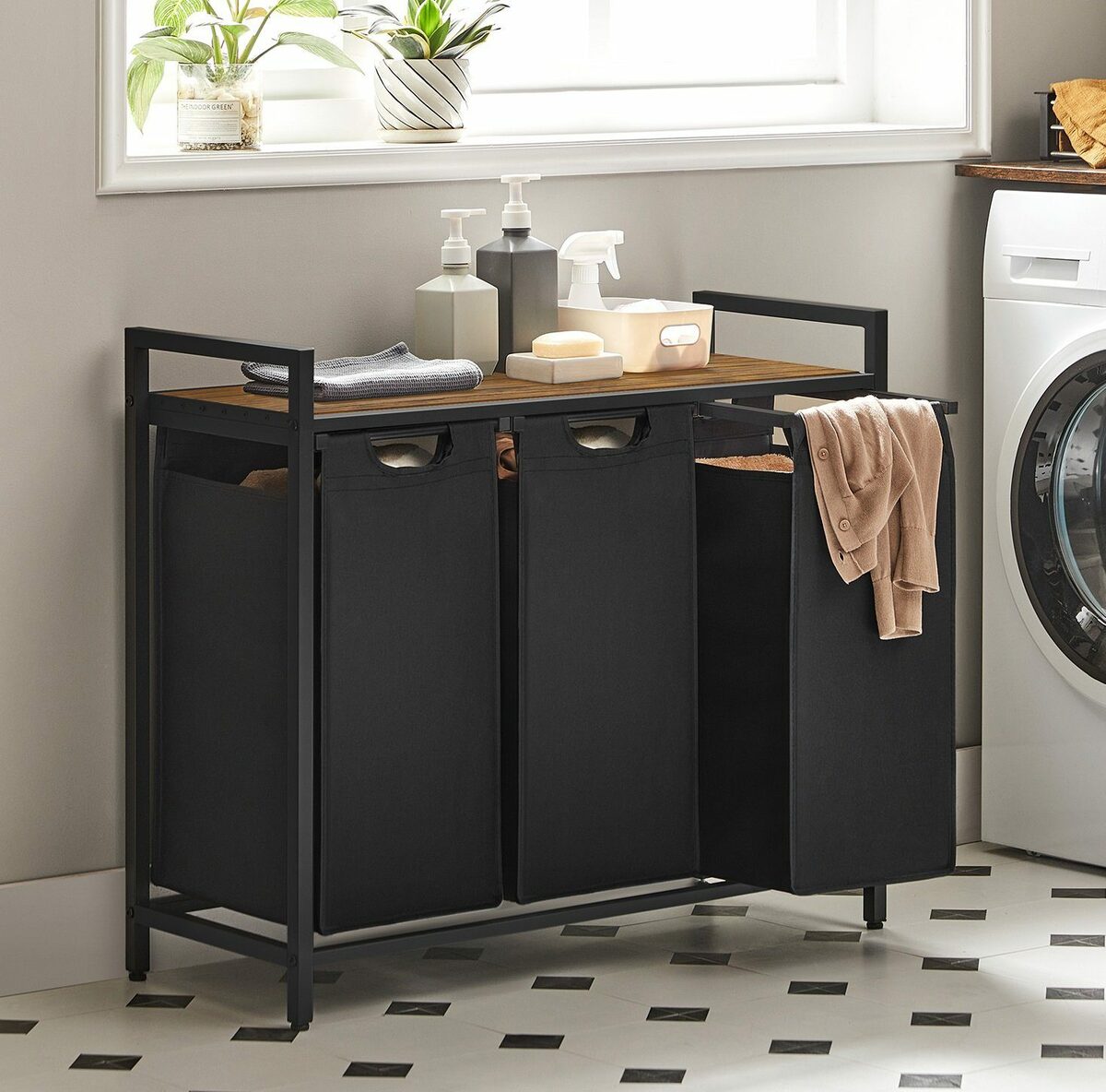 Bild 1 von VASAGLE Wäschekorb, 3 Fächer, mit Ablage, ausziehbar und abnehmbar, 3 x 38 L