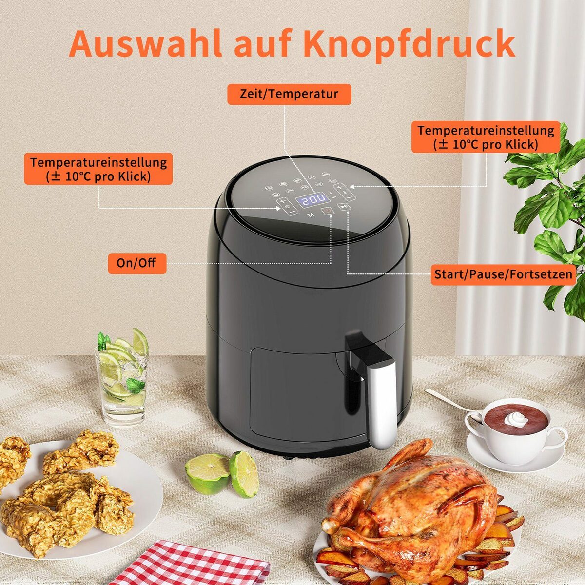 Bild 3 von EUARY Heißluftfritteuse AirFryer Ohne Öl mit LED-Touchscreen Heizluft Frituese, Einstellbare Zeit-/Temperaturregelung für das Luftbraten, Braten