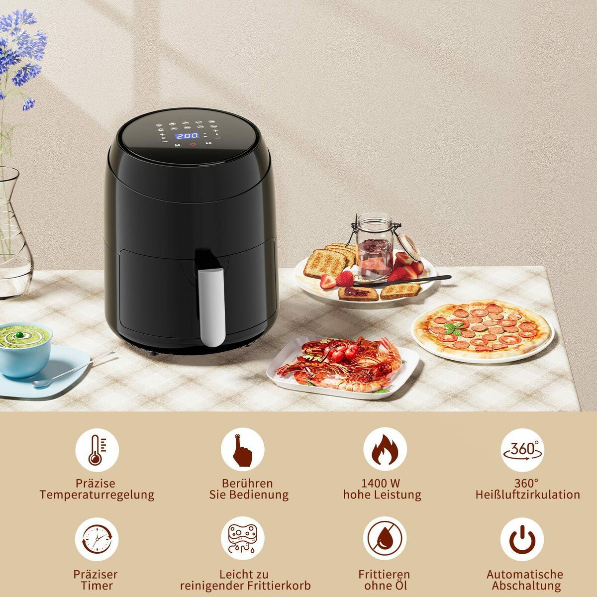 Bild 4 von EUARY Heißluftfritteuse AirFryer Ohne Öl mit LED-Touchscreen Heizluft Frituese, Einstellbare Zeit-/Temperaturregelung für das Luftbraten, Braten