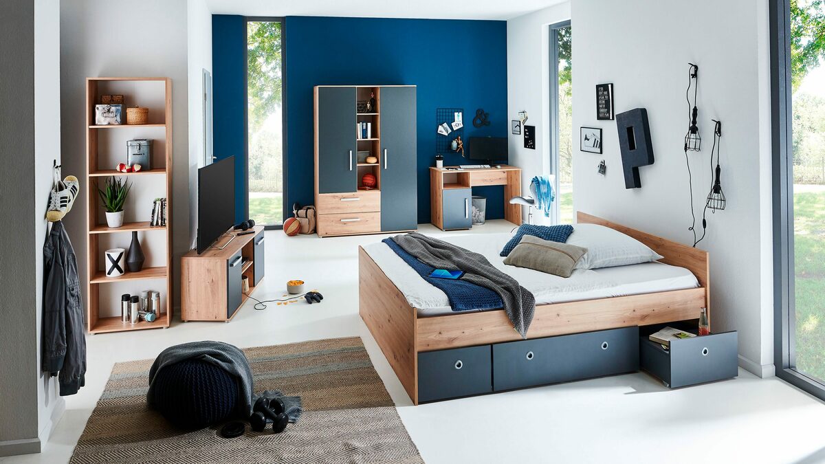 Bild 1 von arthur berndt Jugendzimmer-Set Alessio, (Set, 6-St., Kleiderschrank, Bett mit Schubkasten, Schreibtisch, Bücherregal etc), mit Melamin-Oberfläche
