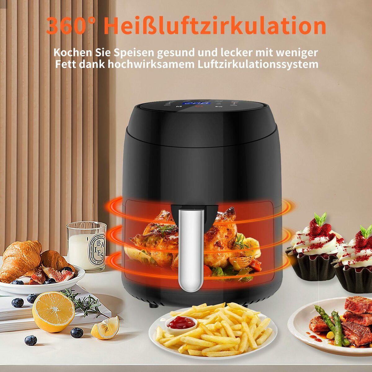 Bild 2 von EUARY Heißluftfritteuse AirFryer Ohne Öl mit LED-Touchscreen Heizluft Frituese, Einstellbare Zeit-/Temperaturregelung für das Luftbraten, Braten