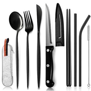 Odoland Besteck Set 9 Teilig Edelstahl Campingbesteck mit Steakmessern Messer Gabel Löffe Tragbare Outdoor Reisebesteck mit 2 Strohhalm Reinigungsbürste Etui Idea Geschenk für Reisen Camping