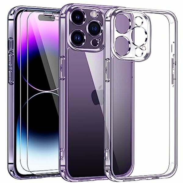 Bild 1 von iVoler 3 in 1 Hülle für iPhone 14 Pro 6.1 Zoll, [Nie Vergilbung] 1 Handyhülle mit 2 Stück Panzer Schutz Glas, [Militärischer Schutz] [Kameraschutz] Dünn Transparent Stoßfest Schutzhülle Kratz