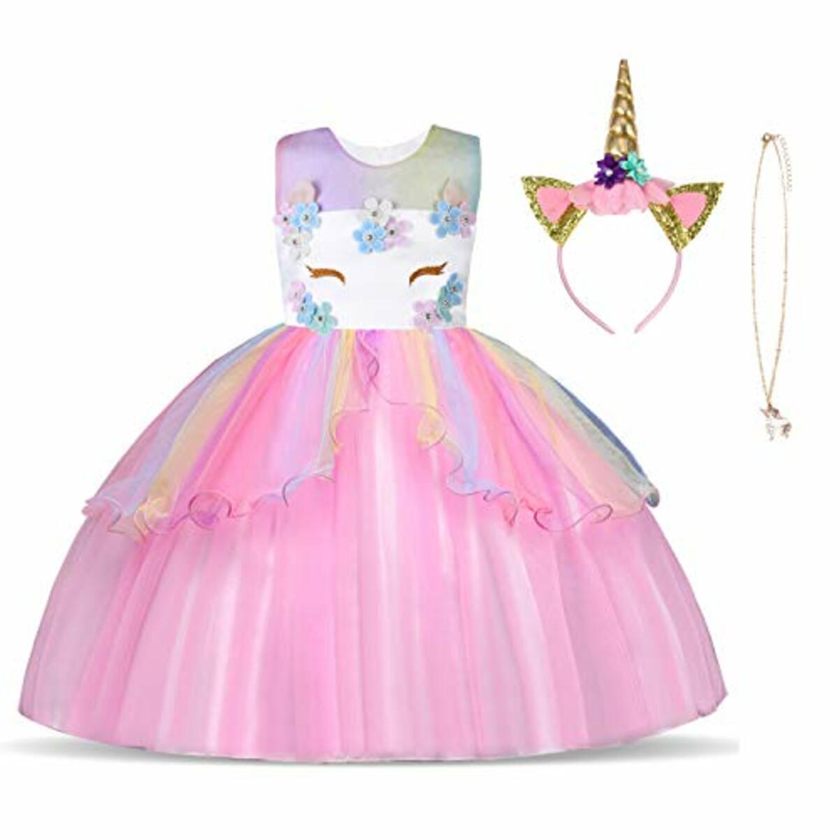 Bild 1 von URAQT Mädchen Prinzessin Kleid, Mädchen Einhorn Cosplay Karneval Verkleidung Party Hochzeit Prinzessin Kleid mit Halskette und Stirnband,Rosa