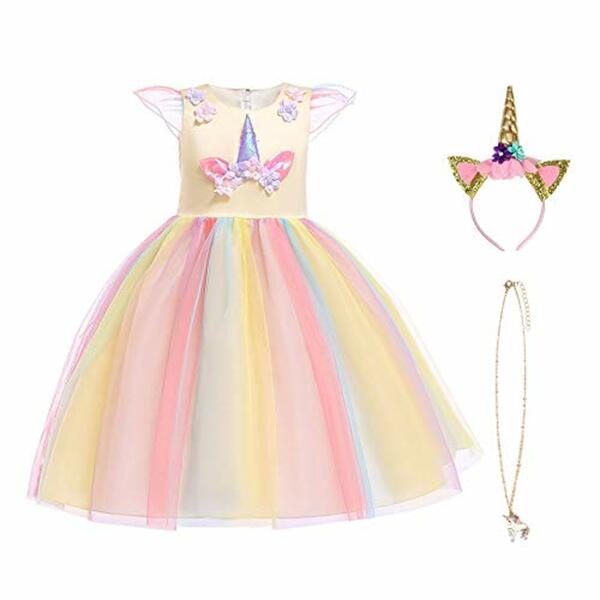 Bild 1 von URAQT Mädchen Prinzessin Kleid, Mädchen Einhorn Cosplay Karneval Verkleidung Party Hochzeit Prinzessin Kleid mit Halskette und Stirnband,Rosa