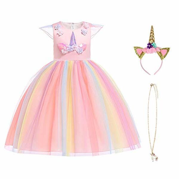 Bild 1 von URAQT Mädchen Prinzessin Kleid, Mädchen Einhorn Cosplay Karneval Verkleidung Party Hochzeit Prinzessin Kleid mit Halskette und Stirnband,Rosa