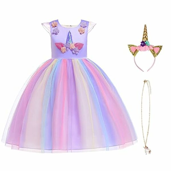 Bild 1 von URAQT Mädchen Prinzessin Kleid, Mädchen Einhorn Cosplay Karneval Verkleidung Party Hochzeit Prinzessin Kleid mit Halskette und Stirnband,Rosa