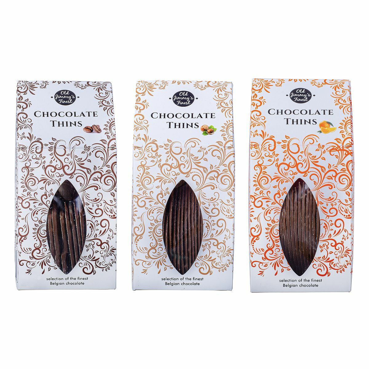 Bild 1 von GRAND-CRU KONFEKT hauchdünne Schoko Blättchen mit Kaffee, Haselnuss, Orange Inhalt 3x 100g