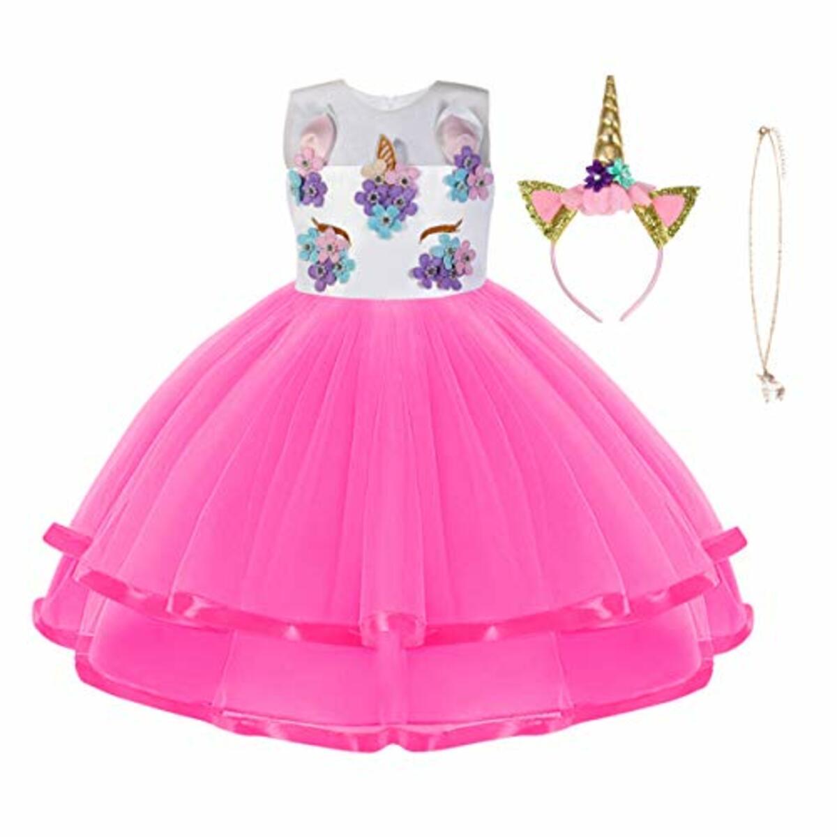 Bild 1 von URAQT Mädchen Prinzessin Kleid, Mädchen Einhorn Cosplay Karneval Verkleidung Party Hochzeit Prinzessin Kleid mit Halskette und Stirnband,Rosa