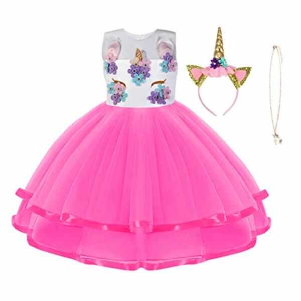 Bild 1 von URAQT Mädchen Prinzessin Kleid, Mädchen Einhorn Cosplay Karneval Verkleidung Party Hochzeit Prinzessin Kleid mit Halskette und Stirnband,Rosa