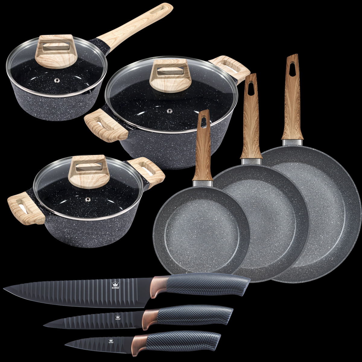 Bild 1 von KING 9tlg. Vorteilsset ESSENTIAL inkl. Messer, Töpfe und Pfannen