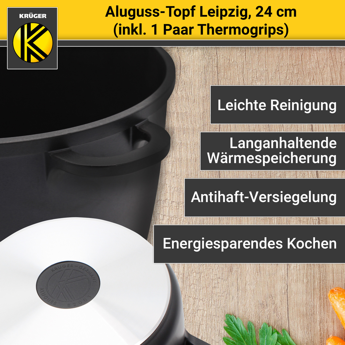 Bild 2 von Karl Krüger - Aluguss Fleischtopf LEIPZIG mit Deckel, 24 cm