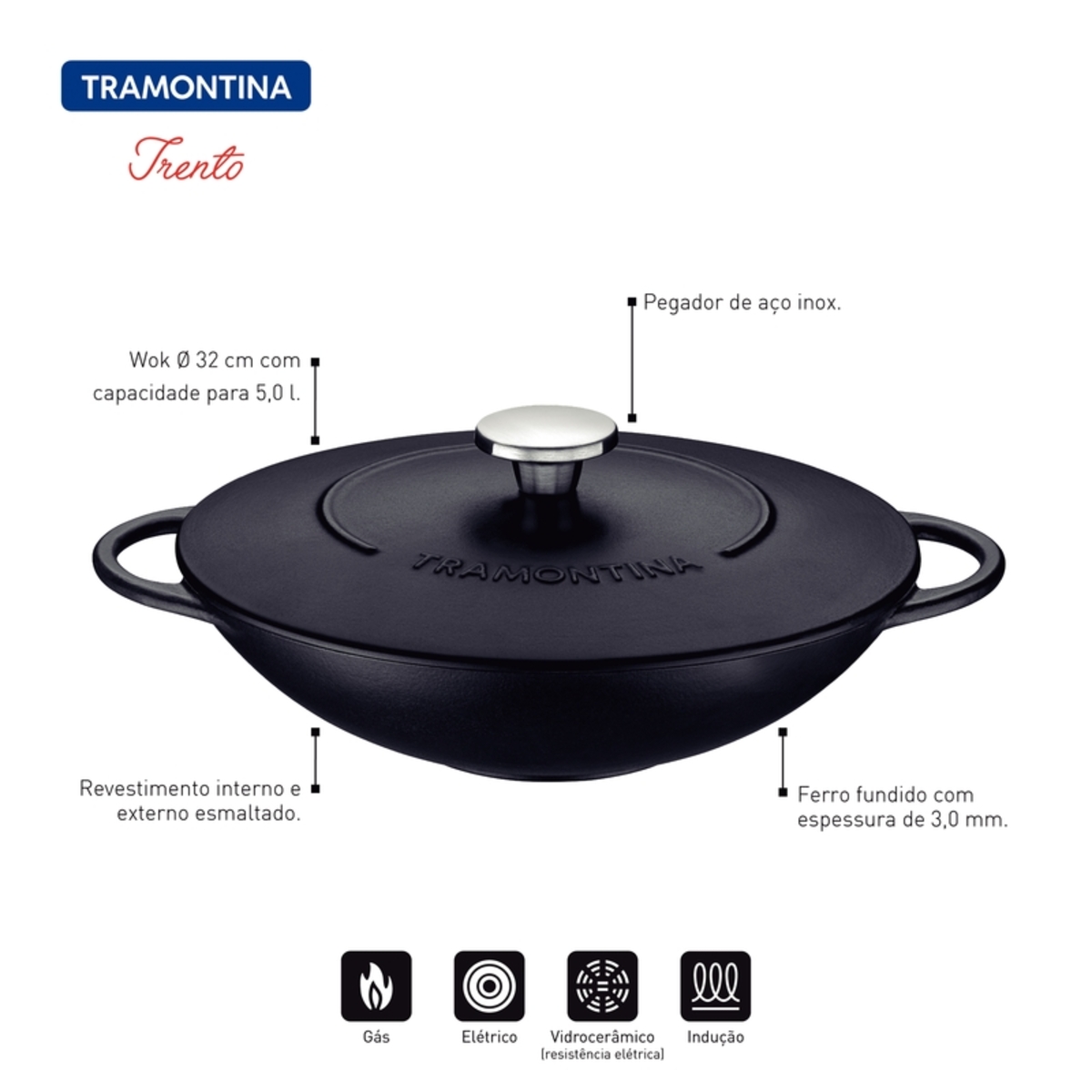 Bild 3 von TRAMONTINA Wok aus Gusseisen mit Deckel, Ø32 cm